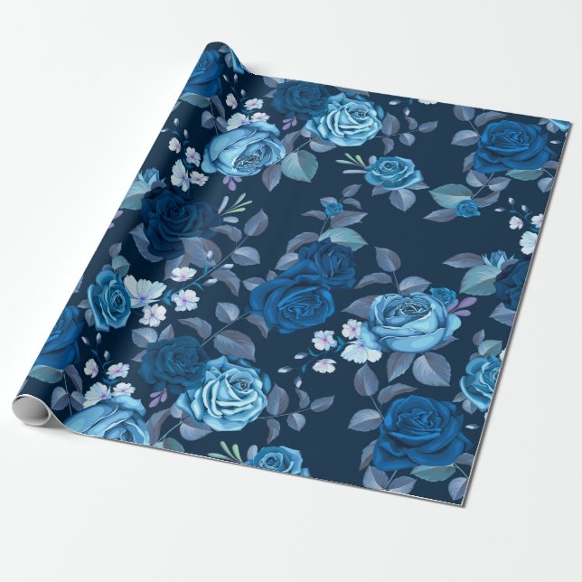 Floral pattern Vintage blue roses Wrapping Paper (Unrolled)