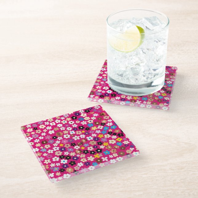 Floral Pattern White Pink Yellow Glass Coaster (Angled)