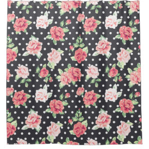 Floral Pattern White Polka Dot on Black Background