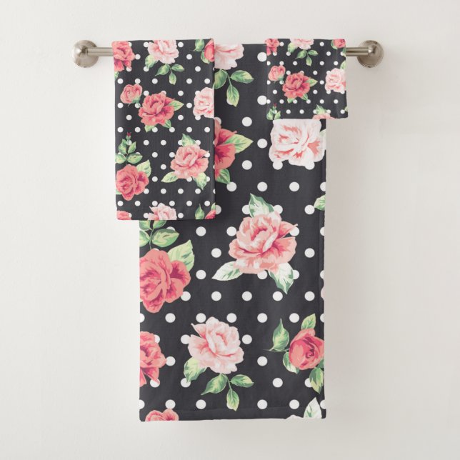 Floral Pattern White Polka Dot on Black Background Bath Towel Set (Insitu)