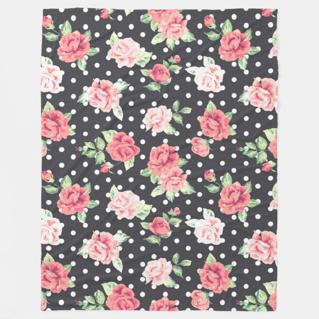 Floral Pattern White Polka Dot on Black Background Fleece Blanket (Front)
