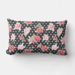 Floral Pattern White Polka Dot on Black Background Lumbar Pillow