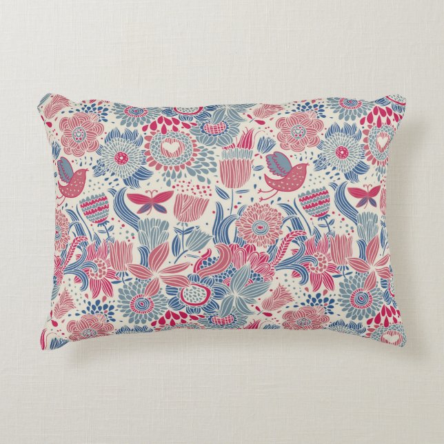 Floral pattern with bird and butterfly decorative pillow (Front)