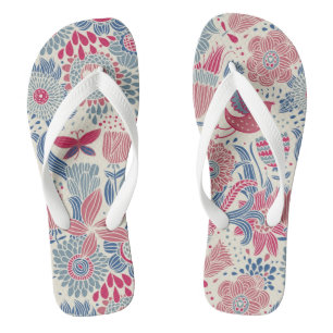 Floral pattern with bird and butterfly flip flops