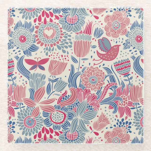 Floral pattern with bird and butterfly glass coaster (Front)