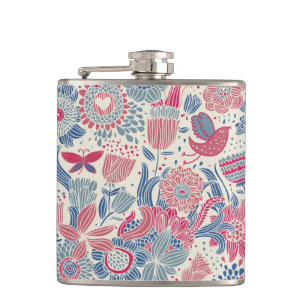 Floral pattern with bird and butterfly hip flask