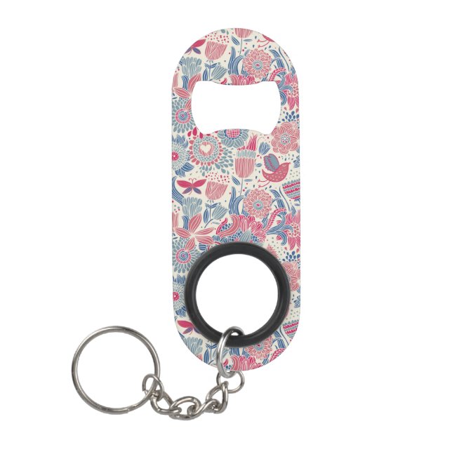 Floral pattern with bird and butterfly keychain bottle opener (Front)