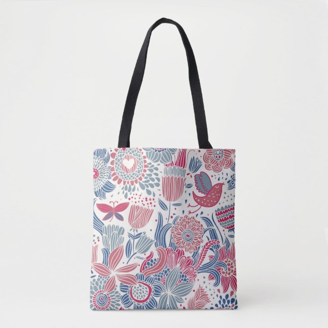 Floral pattern with bird and butterfly tote bag (Front)