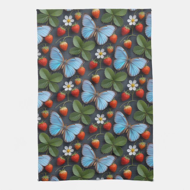 Floral Pattern with Blue Morpho Butterflies Kitchen Towel (Vertical)