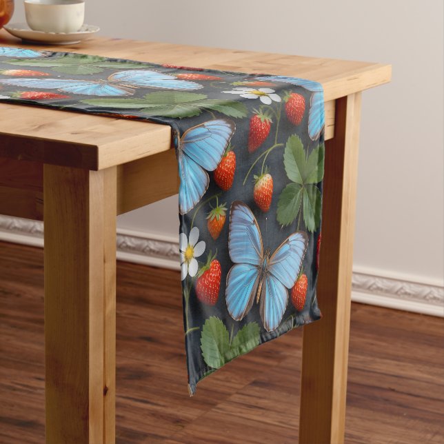 Floral Pattern with Blue Morpho Butterflies Short Table Runner (In Situ)