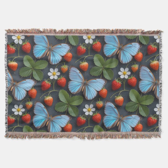 Floral Pattern with Blue Morpho Butterflies Throw Blanket (Front)