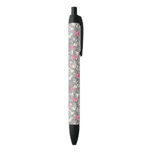 Floral pattern with cartoon birds 2 black ink pen