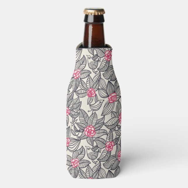 Floral pattern with cartoon birds 2 bottle cooler (Bottle Front)