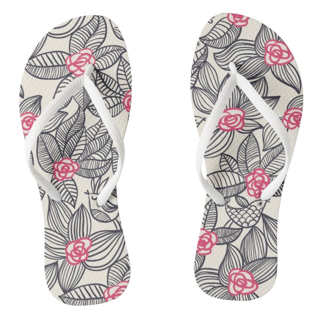Floral pattern with cartoon birds 2 flip flops (Footbed)