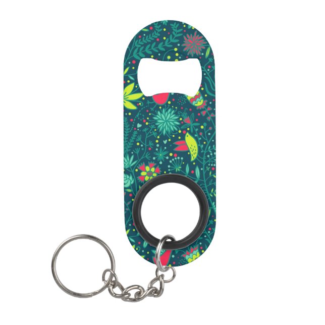 Floral pattern with cartoon birds 2 mini bottle opener (Front)