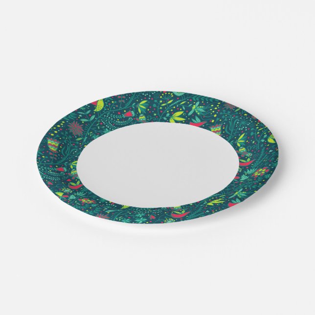 Floral pattern with cartoon birds 2 paper plate (Angled)