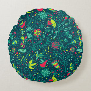 Floral pattern with cartoon birds 2 round pillow