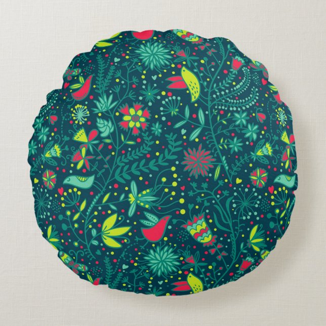 Floral pattern with cartoon birds 2 round pillow (Front)