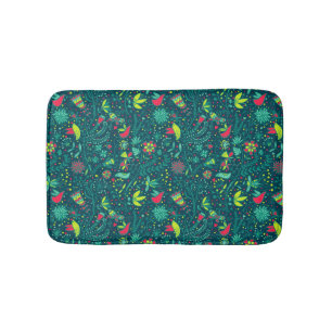 Floral pattern with cartoon birds bath mat