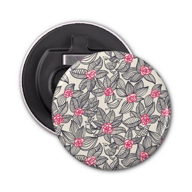 Floral pattern with cartoon birds bottle opener (Front)