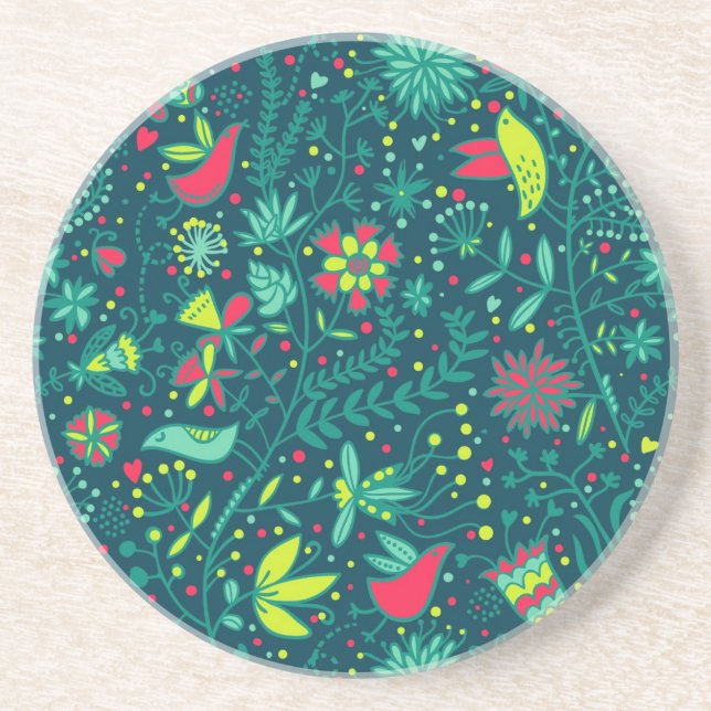 Floral pattern with cartoon birds coaster (Front)