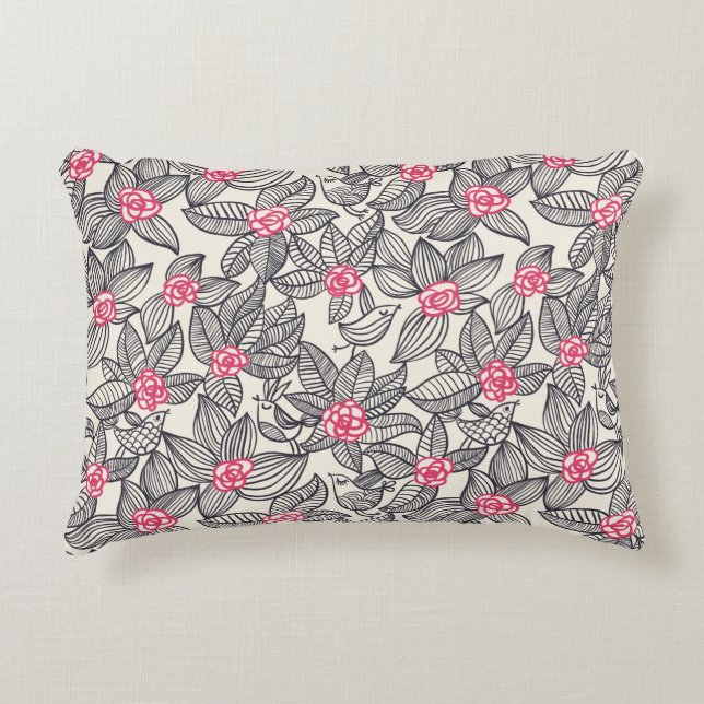 Floral pattern with cartoon birds decorative pillow (Front)