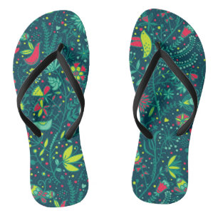 Floral pattern with cartoon birds flip flops