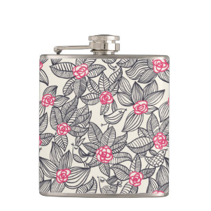 Floral pattern with cartoon birds hip flask