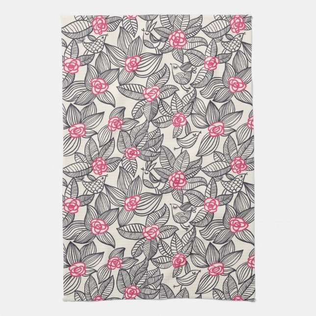 Floral pattern with cartoon birds kitchen towel (Vertical)