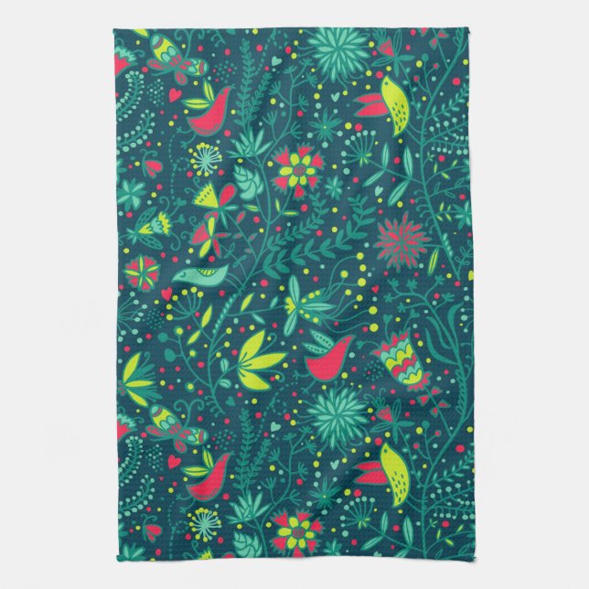 Floral pattern with cartoon birds kitchen towel (Vertical)