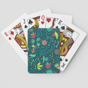 Floral pattern with cartoon birds playing cards