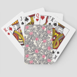 Floral pattern with cartoon birds playing cards