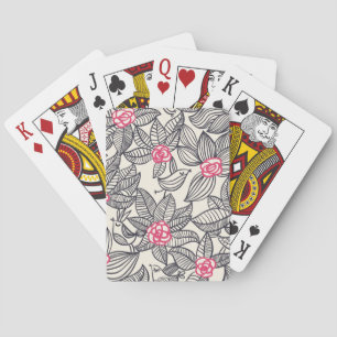 Floral pattern with cartoon birds playing cards