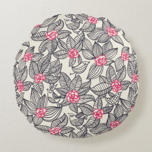 Floral pattern with cartoon birds round pillow
