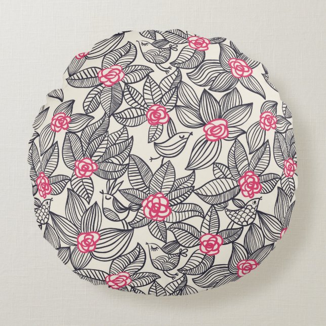 Floral pattern with cartoon birds round pillow (Front)
