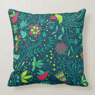 Floral pattern with cartoon birds throw pillow