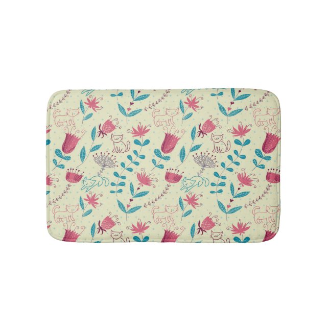 Floral pattern with cartoon cats bath mat (Front)