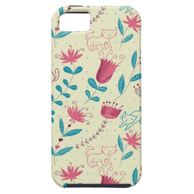 Floral pattern with cartoon cats Case-Mate iPhone case (Back)