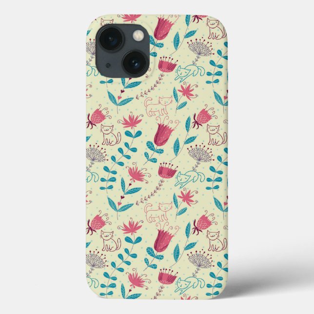 Floral pattern with cartoon cats Case-Mate iPhone case (Back)