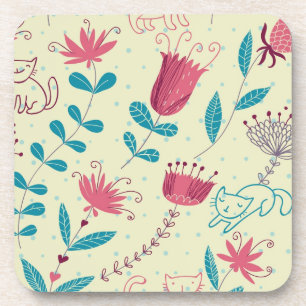 Floral pattern with cartoon cats coaster