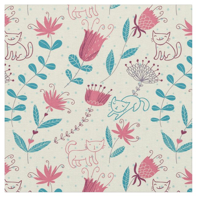 Floral pattern with cartoon cats fabric (Close Up)