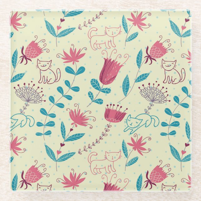Floral pattern with cartoon cats glass coaster (Front)