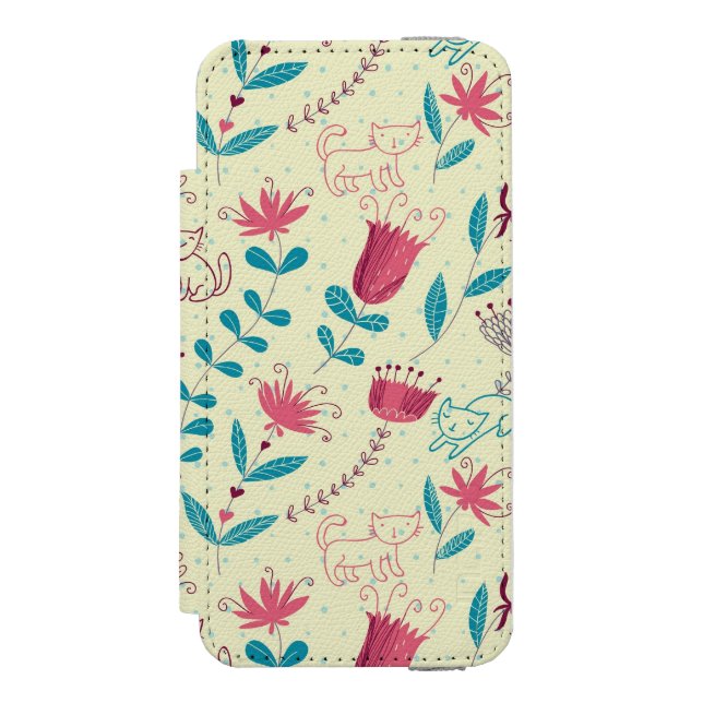 Floral pattern with cartoon cats incipio iPhone wallet case (Folio Front)