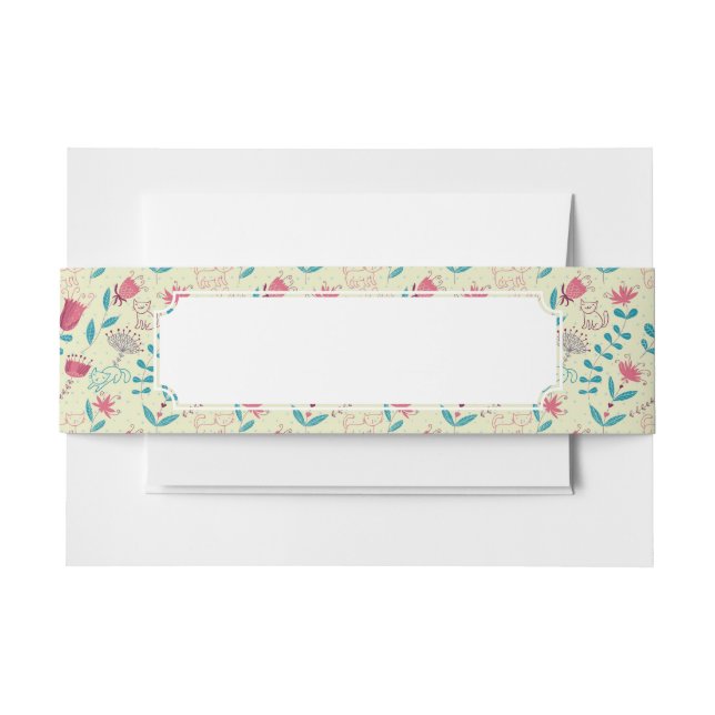 Floral pattern with cartoon cats invitation belly band (Front Example)
