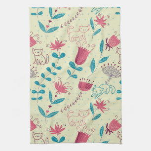 Floral pattern with cartoon cats kitchen towel