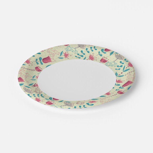 Floral pattern with cartoon cats paper plate (Angled)