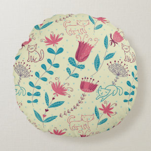 Floral pattern with cartoon cats round pillow