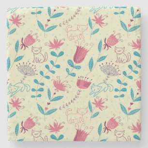 Floral pattern with cartoon cats stone coaster