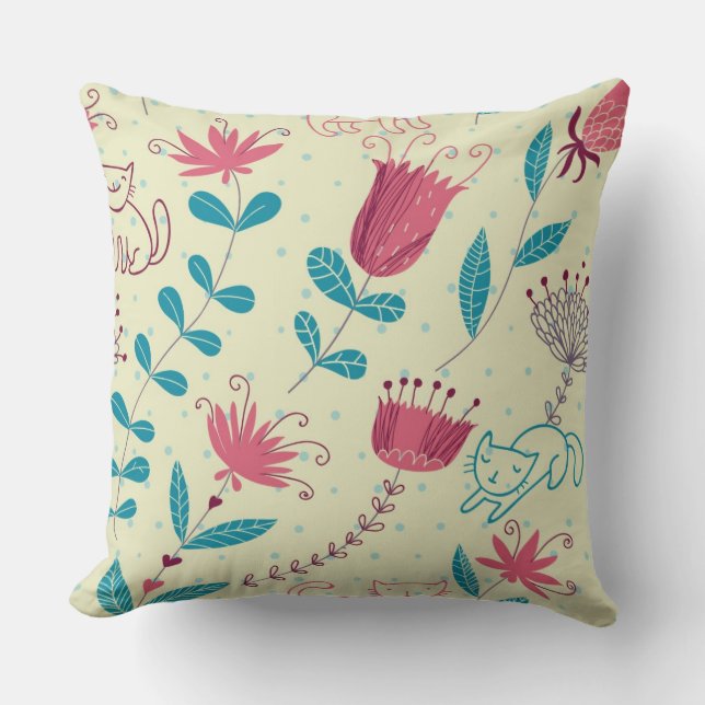 Floral pattern with cartoon cats throw pillow (Front)