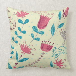 Floral pattern with cartoon cats throw pillow